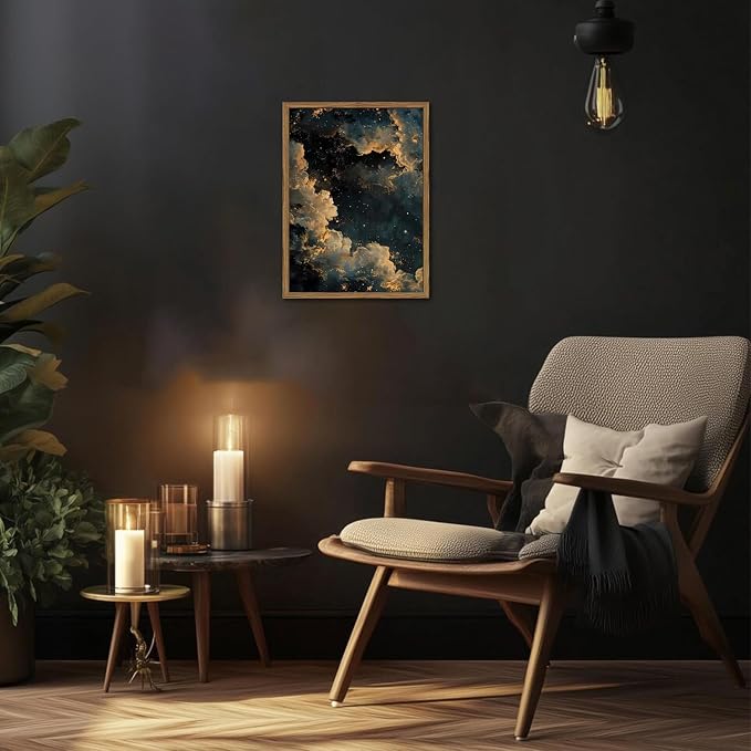 Dark Academia Cloud Wall Art, Vintage Moody Celestial Canvas Wall Decor Paintings, Maximalist Gold Night Sky Stars Aesthetic Posters Prints Pictures for Living Room Bedroom Home Decor 12x16 In Framed