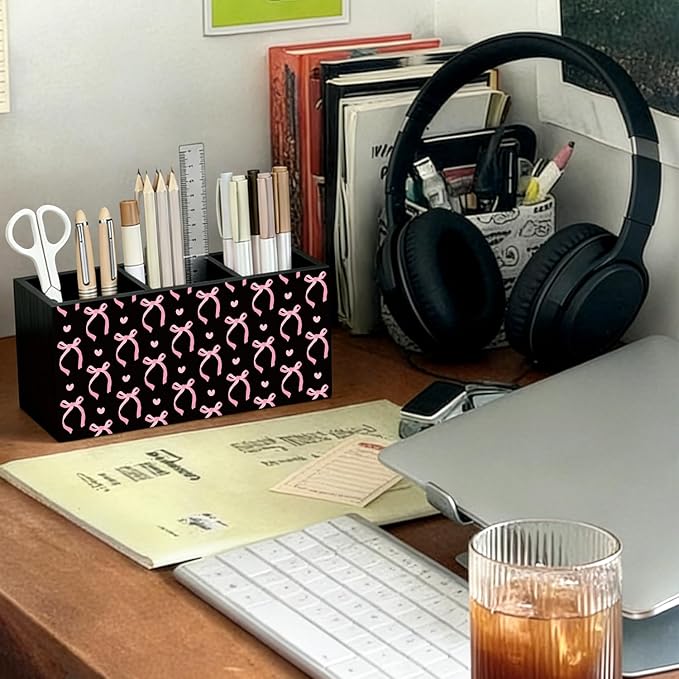 Pink and Black Bow Pen Pencil Holder for Desk Accessories Decor | Office Accessories for Women, Pink and Black Bow Pen Pencil Wooden Organizer Decorations for Dorm Room Bedroom Tabletop Desk