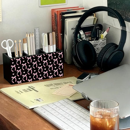Pink and Black Bow Pen Pencil Holder for Desk Accessories Decor | Office Accessories for Women, Pink and Black Bow Pen Pencil Wooden Organizer Decorations for Dorm Room Bedroom Tabletop Desk