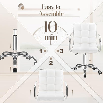 Furmax Vanity Office Chair with Wheels, Makeup PU Leather Executive Chair Modern Adjustable Home Desk Retro Comfortable Work Chair 360 Degree Swivel with Arms (White)