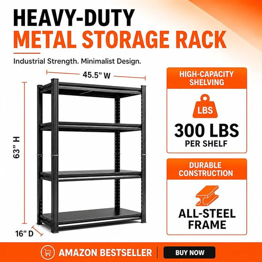 4-Tier Metal Bookshelf, 45.5" W Industrial Tall Display Bookcase, 1200LBS Modern Black Book Shelf, Adjustable Bolt-Free Storage Shelves for Living Room, Bedroom, Kitchen, 63" H