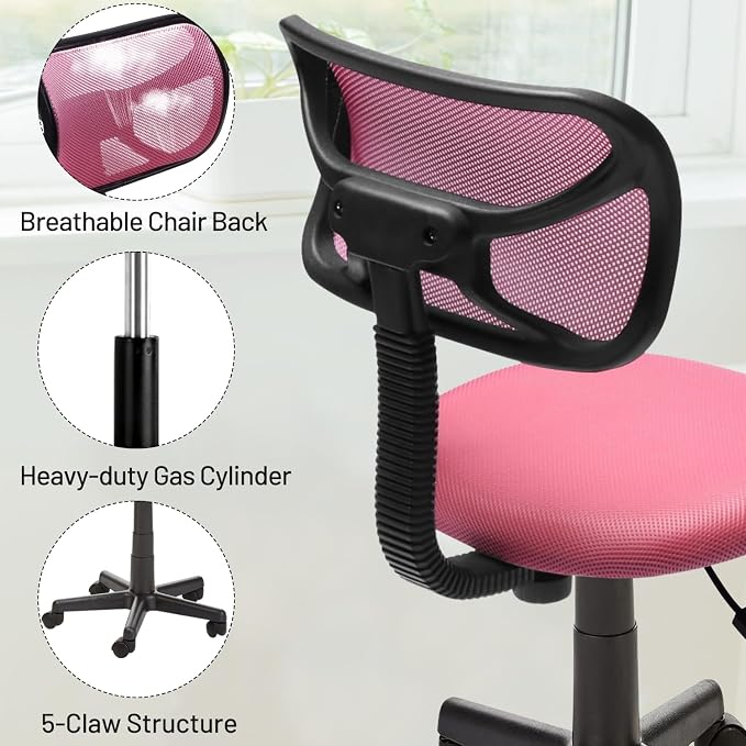 Small Mesh Desk Chair, Armless Low-Back Student Study Task Chair Ergonomic Sylish Swivel Adjustable Rolling Seating for Small Spaces Home Office Bedroom Study, Pink