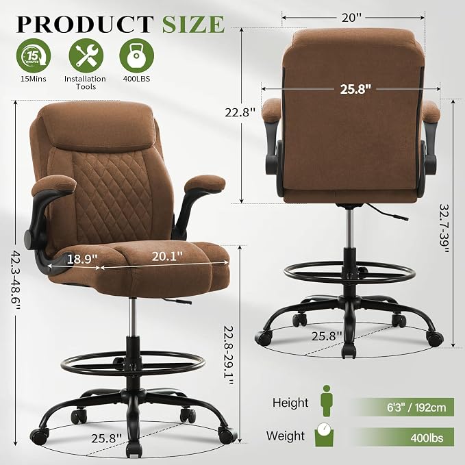 Drafting Chair Tall Office Chair for Standing Desk, Ergonomic Tall Desk Chair with Adjustable Foot Ring, Flip-Up Armrests, Lumbar Support, Comfortable Fabric Seat – Ideal for Home and Office Use