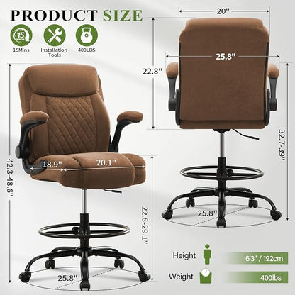 Drafting Chair Tall Office Chair for Standing Desk, Ergonomic Tall Desk Chair with Adjustable Foot Ring, Flip-Up Armrests, Lumbar Support, Comfortable Fabric Seat – Ideal for Home and Office Use