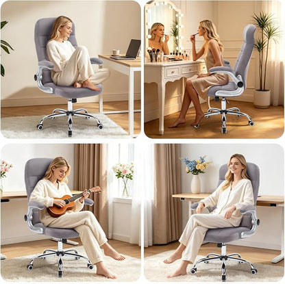 High Back Fabric Office Chair, Comfy Velvet Executive Desk Chair with Flip-Up Arms, Ergonomic Office Desk Chair with Lumbar Support, Upholstered Home Computer Chair with Wheels (Grey)