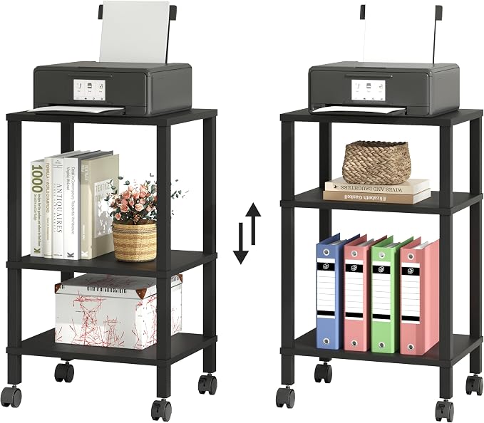 3-Tier Printer Stand with Storage, Mobile Printer Cart with Rolling Casters and Adjustable Feet, Under Desk Storage Shelf for Home Office, Small Printers,Black, 15.7" x 11.8" x 25.9"