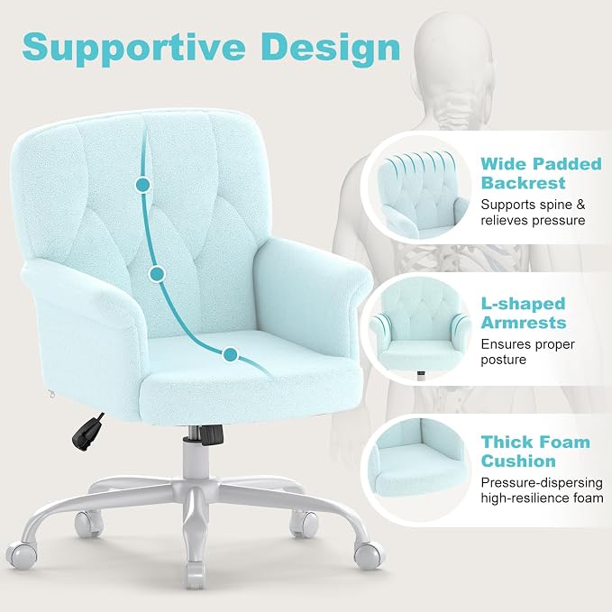 Comfy Home Office Desk Chair, Upholstered Fuzzy Vanity Chair with Wheels and Arms, Modern Adjustable Swivel Computer Seat for Make Up, Home Office, Living Room, Bedroom, Teddy Fleece, Blue