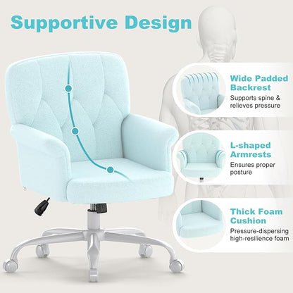 Comfy Home Office Desk Chair, Upholstered Fuzzy Vanity Chair with Wheels and Arms, Modern Adjustable Swivel Computer Seat for Make Up, Home Office, Living Room, Bedroom, Teddy Fleece, Blue