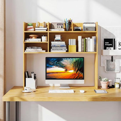 LDAILY 3-Tier Desktop Bookshelf, Wooden Desk Hutch for Computer Monitor Up to 32 Inch, Desk Organizer Shelf with Adjustable Shelf & 6 Storage Shelves, Desk Display Rack for Home Office Dorm(Burlywood)