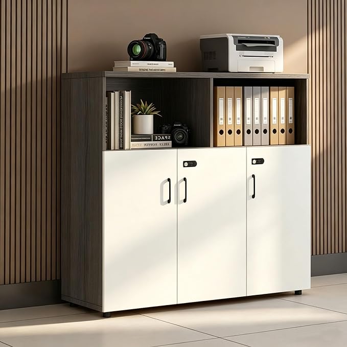 File Cabinet with Password Lock, Wood Lateral Filing Cabinet for Letter/A4 Files, 3 Drawer with Door, Printer Stand with Open Shelves for Home Office