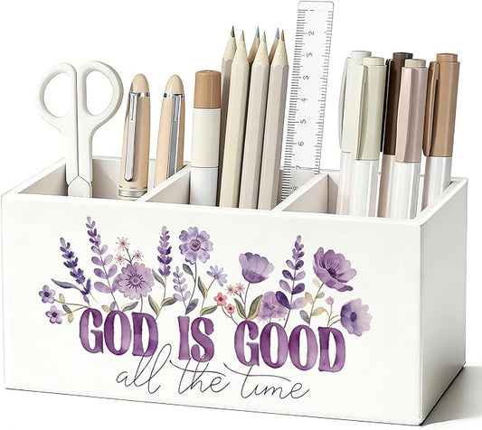 Purple Floral Christian Pen Pencil Holder for Desk, Christian Gifts for Women, God Is Good All the Time Bible Verse Religious Wooden Box Sign Decorations for Home Office Desk Tabletop