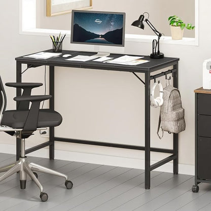 HOOBRO Computer Desk, Home Office Desk with Power Outlet, Modern Study Writing Desk with 3 Hooks for Study Room, Home Office, Sturdy and Stable, Easy to Assemble, Black BB40UDN01