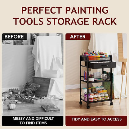 Homsorout 3 Tier Rolling Cart - Metal Utility Cart with Storage Drawer and Wheels, Versatile Art & Craft Organizer for Home, Office, or Studio Ideal for Storing Brushes, Paints, and Supplies Black