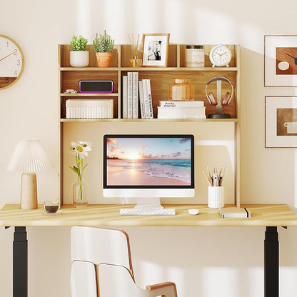 LDAILY 3-Tier Desktop Bookshelf, Wooden Desk Hutch for Computer Monitor Up to 32 Inch, Desk Organizer Shelf with Adjustable Shelf & 6 Storage Shelves, Desk Display Rack for Home Office Dorm(Burlywood)