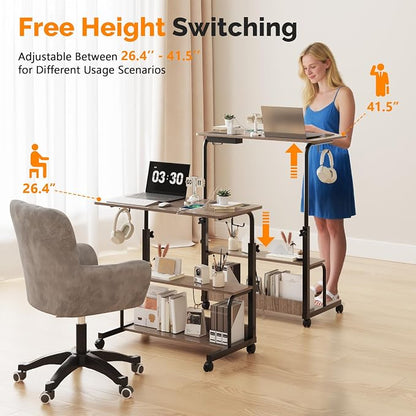 VINGLI 31.5" Mobile Small Standing Desk, Adjustable Height Mobile Computer Desk, w/2 AC Outlets + 3 USB Ports & Hooks, Storage Shelves, Suitable for Gaming, Studying, Home Office, Gray