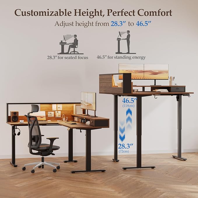 Klicelor L Shaped Electric Standing Desk 63 x 55 inch with Shelf, Height Adjustable Corner Desk, Sit Stand Desk with Storage Shelf, Home Office Computer Table, Light Dark Walnut