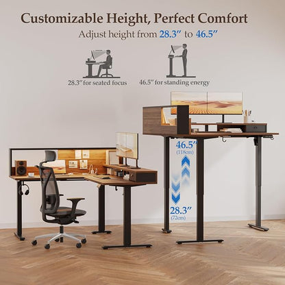 Klicelor L Shaped Electric Standing Desk 63 x 55 inch with Shelf, Height Adjustable Corner Desk, Sit Stand Desk with Storage Shelf, Home Office Computer Table, Light Dark Walnut