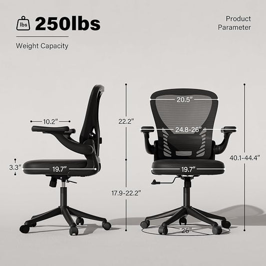 GYI Ergonomic Mesh Office Desk Chair, Black | 3D Flip-up Arms, Adjustable Lumbar Support, Adjustable Height, Study Room, Bedroom, Conference Room