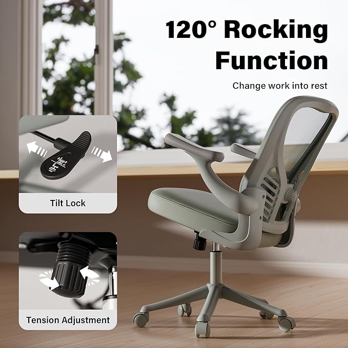 GYI Ergonomic Mesh Office Desk Chair, Grey | 3D Flip-up Arms, Adjustable Lumbar Support, Adjustable Height, Study Room, Bedroom, Conference Room