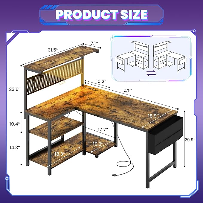 Apicizon L Shaped Desk Gaming Desk with LED Light & Power Outlet, 47 Inch Reversible Computer Desk with Pegboard & Shelf & Storage Bag for Home Office, Rustic Brown