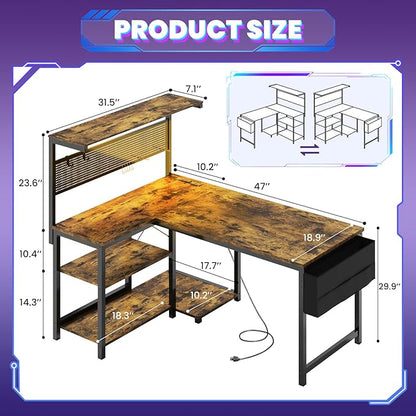 Apicizon L Shaped Desk Gaming Desk with LED Light & Power Outlet, 47 Inch Reversible Computer Desk with Pegboard & Shelf & Storage Bag for Home Office, Rustic Brown