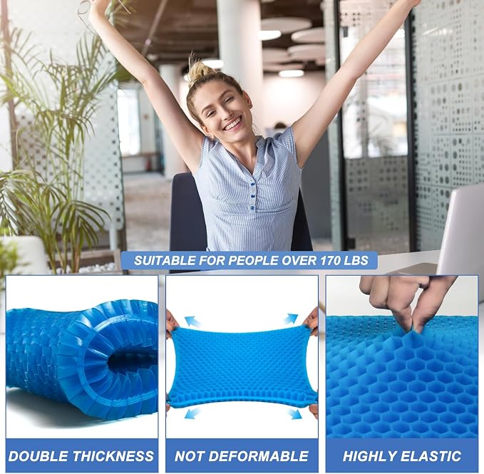 Gel Seat Cushion for Long Sitting - 18" x 16" x 2.4" (Extra Thick＆Soft) Gel Cushion for People Over 200 lbs, Pressure Relief Cushion for Office Chair, Egg Cushions for Wheelchair, Gel Pad for Car