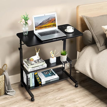 Karl home 31.5" Portable Rolling Desk on Wheels,Height Adjustable Standing Desk with 2 AC Outlets/3 USB Ports,Mobile Laptop Table with Hooks and Storage Shelves for Home Office，Black