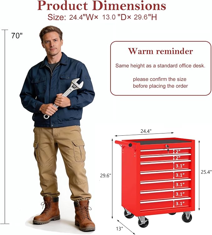 RYH 7 Drawers Rolling Tool Chest & Tool Box on Wheels | Heavy Duty Metal Cart with Ball Bearing Drawers | Fits US General Tool Box for Garage Storage (Red-6, 7 Drawers（29.6" H × 24.4" W × 13" D)