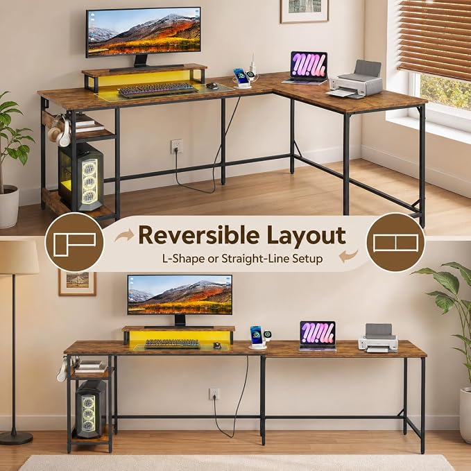 DEVAISE Full-Size 60" L Shaped Gaming Desk with LED Lights and Power Outlets - Reversible Corner Computer Table with Monitor Stand and Storage Shelves for Work and Gaming, Rustic Brown