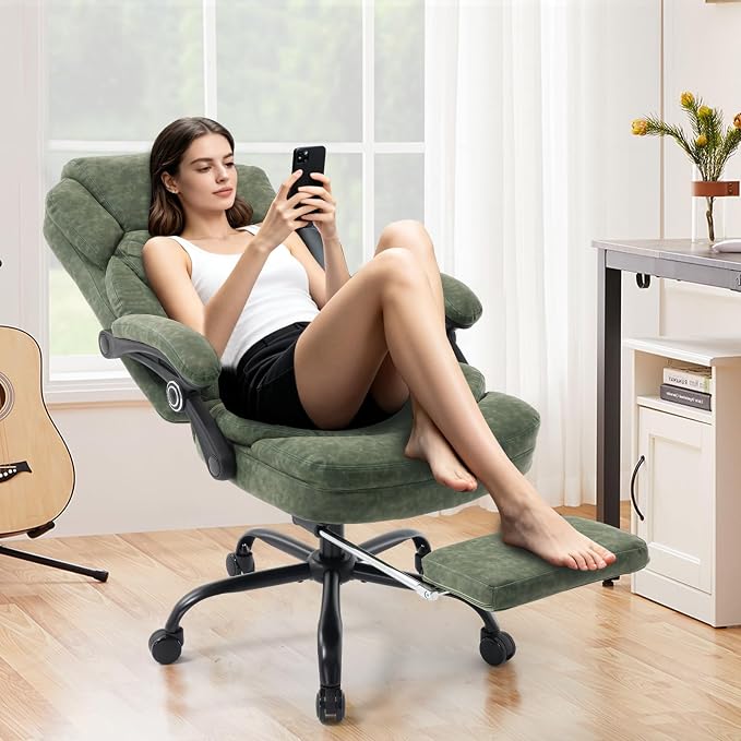 400lbs Reclining Office Desk Chair with Footrest, Mid-Century Modern Plus Size Green Leather Recliner Office Chairs