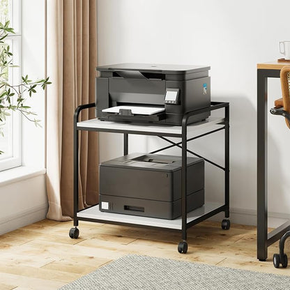 Printer Stand, 22''W X 20''D X 22.4''H 2 Tier Under Desk Printer Stand, 3D Large Printer Table with Height Adjustable Shelf, Rolling Printer Cart with Wheels for Home Office Organization, White