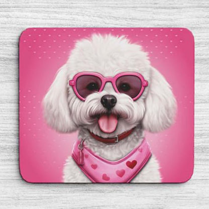 Pink Mousepad Glamour Dog Bichon Frise Mouse Pad for Home Office Gaming Working Desk Computer Desktop Accessories Non-Slip Rubber Mousepad for Dog Lovers