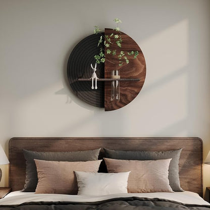 3D Textured Round Abstract Wall Art Decor With Shelf, Modern Minimalist Geometric Black Brown Artwork for Walls, Circle Sandstone Texture Wall Decor for Living Room, Hallway, Kitchen, Bedroom, Office