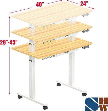 SHW 40-Inch Mobile Electric Height Adjustable Sit to Stand Desk with Drawer, Hanging Hooks and Cable Management, Oak