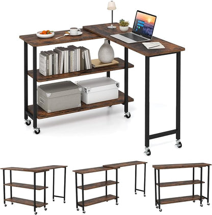 GOFLAME 360° Rotating Sofa Side Table, Mobile Couch Side End Table with 2-Tier Shelves, Swivel Rolling Desk w/Metal Frame, 6 Casters, Movable Laptop Table for Home Office, Patented, Rustic Brown