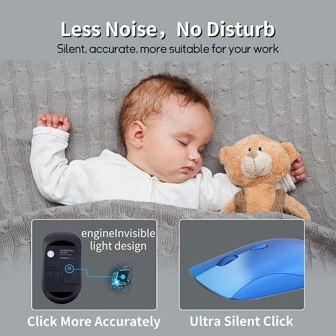 Wireless Mouse for Chromebook, Laptop, PC, MacBook, Slim Portable Optical Computer Mouse with USB Mini Receiver, Quiet Click, 2400 DPI, 2.4GHz Cordless Silent Travel Mobile mice - Blue