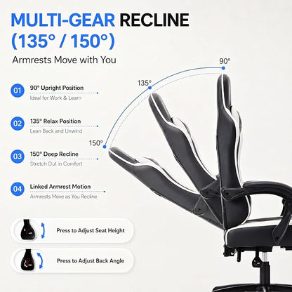 Desk Computer Gaming Chair - High Back Ergonomic Office Chair with Footrest and Lumbar Support, Swivel Comfy Home Gamer Video Game Chairs with Pocket Spring Cushion for Adults (White Leather)