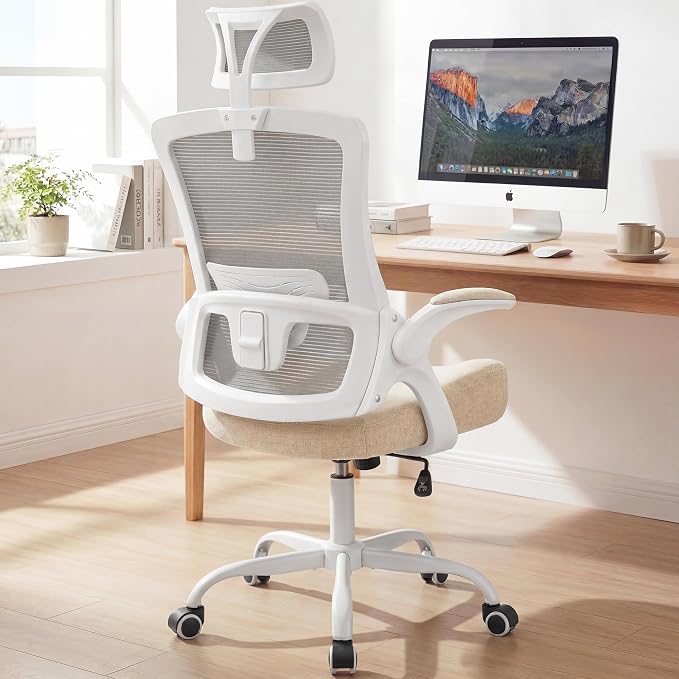 NEO CHAIR Office Chair High Back Desk Mesh Chair Comfy Computer Gaming Seat with Adjustable Ergonomic Headrest Lumbar Rolling Flip-up Armrests and Wheels (Beige)