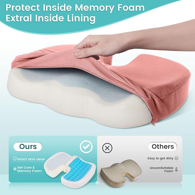 Office Chair Seat Cushion, Cooling Gel Enhanced Memory Foam Cushion for Long Sitting - Back, Sciatica, Coccyx, Tailbone Pain Relief Pillow - for Office, Gaming, Car, Wheelchair - Pink, Large