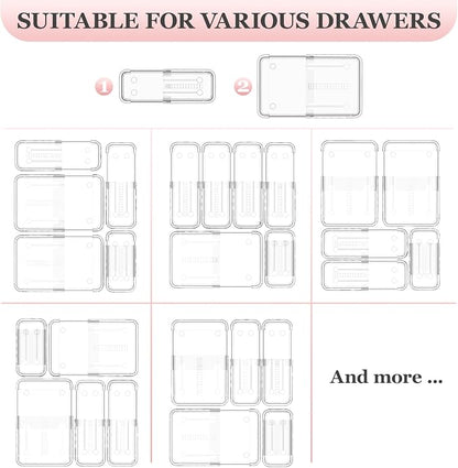 DILIBRA 12 Pcs Clear Extendable Drawer Organizer, Adjustable Drawer Storage 2-Size Desk Drawer Organizer, Plastic Non-Slip Storage Bins for Makeup Cosmetic Jewelries Utensils Stationery Dressers