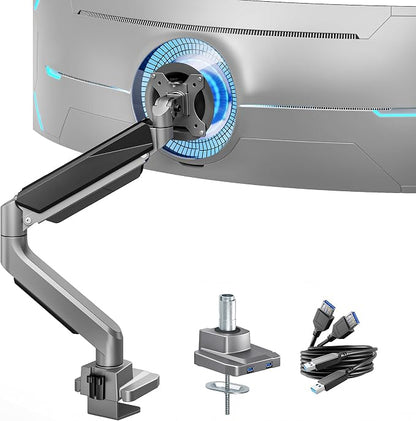 ARES WING Single Monitor Arm, Heavy Duty Adjustable Monitor Arm for 13"-49" Screens with USB, Gas Spring Desk Mount Stand with C Clamp/Grommet Mounting Base up to 40lbs Computer, Gray