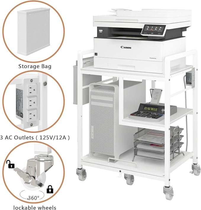 Sedegn Large Printer Stand with Wheels: Lockable Rolling Printer Cart | 24 x 18 Inch Top Fits Laser Printers Shredders and PC Towers 3-Outlet Power Strip and Storage Bag for Home Office (White)