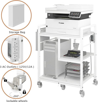 Sedegn Large Printer Stand with Wheels: Lockable Rolling Printer Cart | 24 x 18 Inch Top Fits Laser Printers Shredders and PC Towers 3-Outlet Power Strip and Storage Bag for Home Office (White)