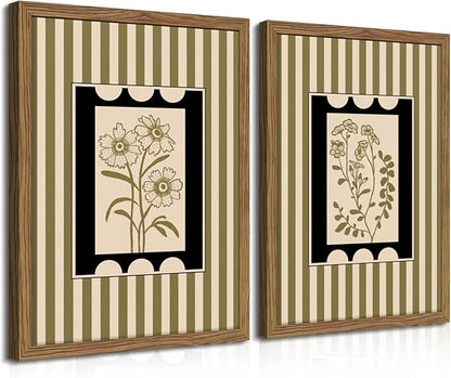 Framed Vintage Botanical Wall Art Set of 2, Olive Green Striped Floral Line Drawing Canvas Prints, Minimalist Nature Plant Artwork, Rustic Wall Decor for Living Room Bedroom Entryway 16x24in