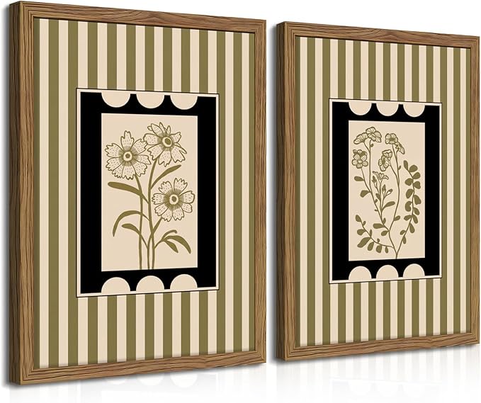 Framed Vintage Botanical Wall Art Set of 2, Olive Green Striped Floral Line Drawing Canvas Prints, Minimalist Nature Plant Artwork, Rustic Wall Decor for Living Room Bedroom Entryway 8x10in