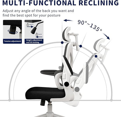 Ergonomic Office Chair - Desk Chair with Adjustable Headrest Lumbar Support Computer Chair - Mesh Comfy Chair with Flip-up Armrests - Gaming Chairs for Adults Home Office 330 LBS (White+Black)