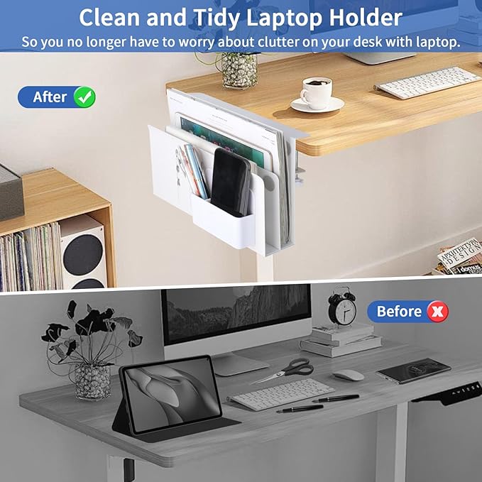 LUKETURE Desk Side Storage, 2 Tier Under Desk Laptop Mount with Pen Slot | Sturdy Steel Double Tier Strong, Magnetic Pen Holder, No Drill Clamp for Standing Desk Organizer, Fits 0.3-2.8" (White)