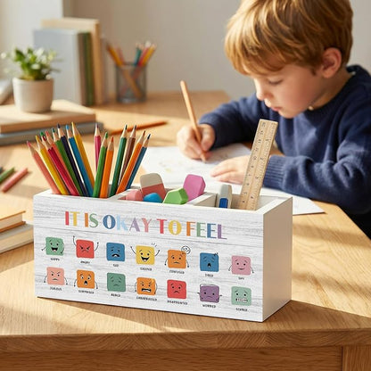 Emotions Chart Classroom Pencil Pen Holder for Desk Organizer, It Is Okay to Feel Decor, Feelings Chart Wooden Box Decorations for Kids School Counseling Office Classroom Desk Tabletop Decor