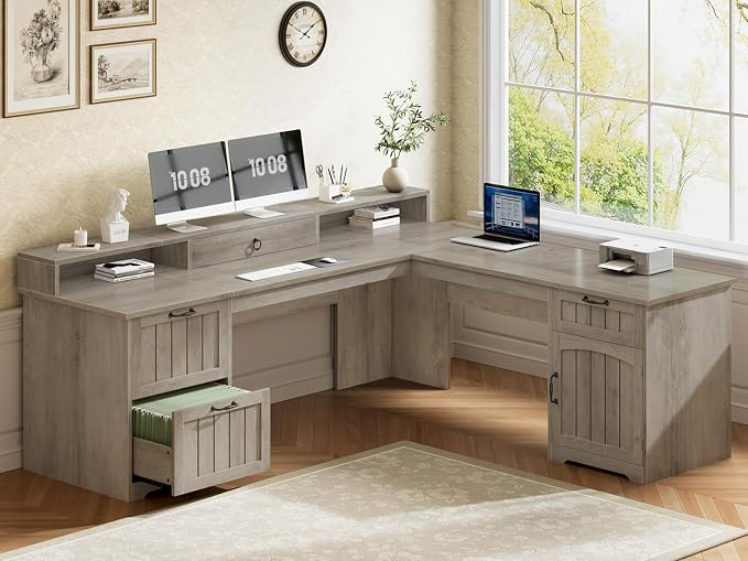 SEDETA 63" L Shaped Desk with Drawers, Farmhouse Corner Computer Desk, Wood Office Desk with File Drawers with Storage, Executive Desk with Monitor Stand and Storage Cabinet, Grey