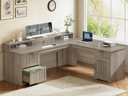 SEDETA 63" L Shaped Desk with Drawers, Farmhouse Corner Computer Desk, Wood Office Desk with File Drawers with Storage, Executive Desk with Monitor Stand and Storage Cabinet, Grey
